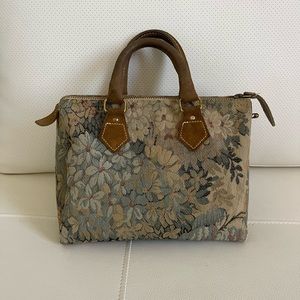 French Americas Luggage Vintage Floral Gray Suede Leather & Tapestry Dr. Bag
